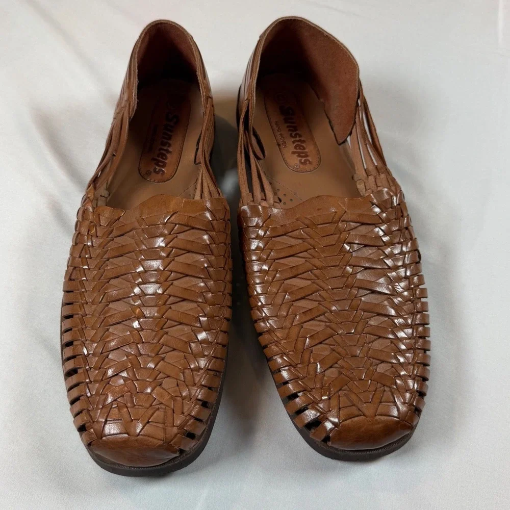 Sunsteps Brown Leather Huarache Sandals Hand Woven Slip On Flats Mens 12